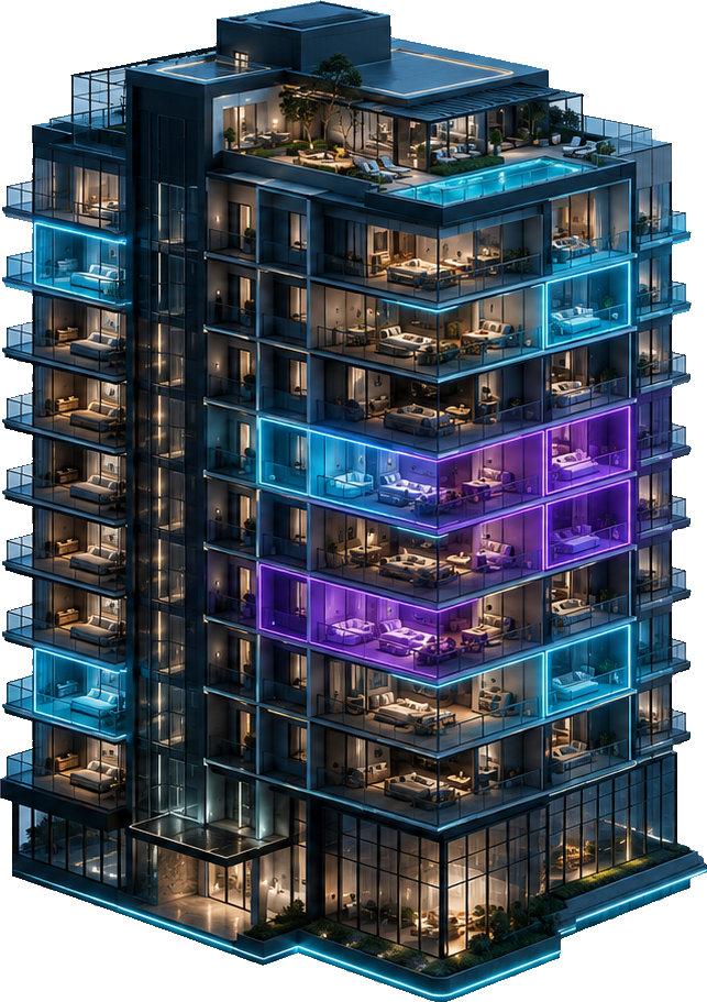 Torre residencial holográfica — espelho de vendas por unidade